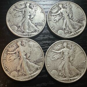Lot of 4 walking liberty silver half dollars 1942, 1943, 90% Silver